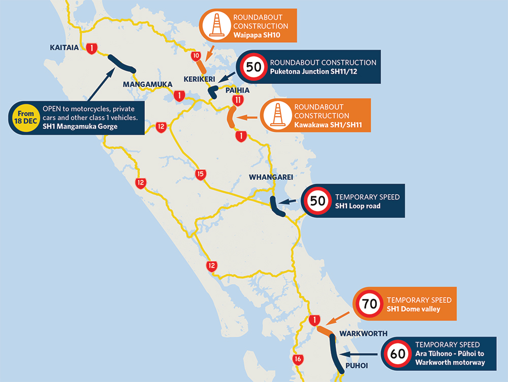 Map showing locations of roadworks in Northland