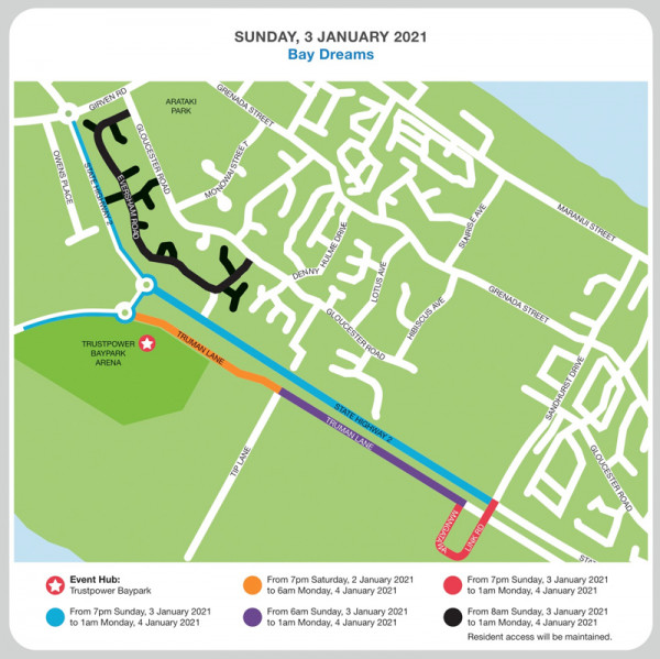 Bay Dreams detour map on Sunday 3 January 2021