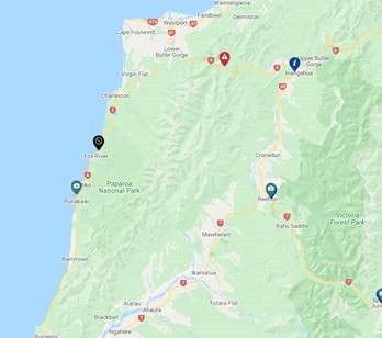 The detour route is the inland highway via the Buller Gorge, Inangahua and Reefton, which will add a half hour or so to the journey