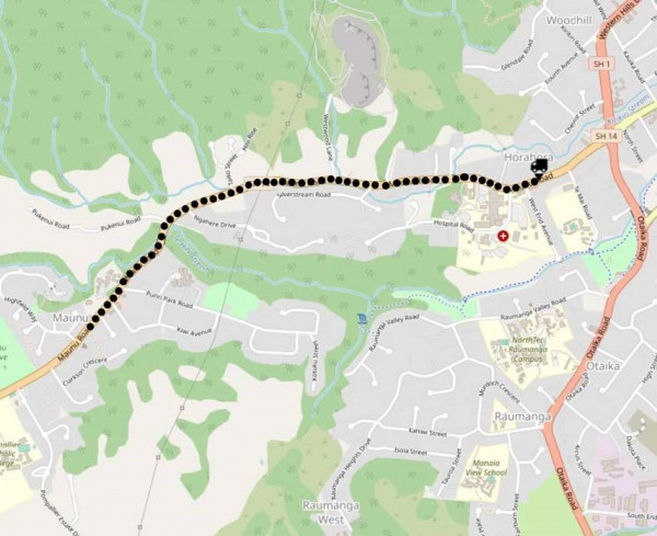 Map showing the route where work will take place starting from the Hospital Road intersection and moving westward towards the top of Maunu Hill.