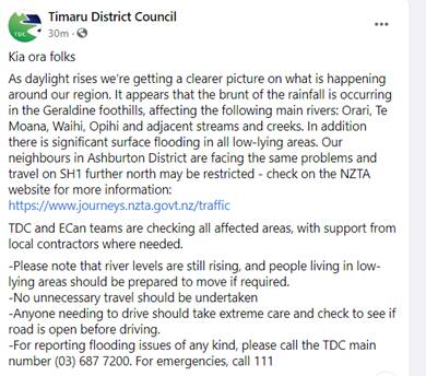 Screenshot of Timaru District Council Facebook post