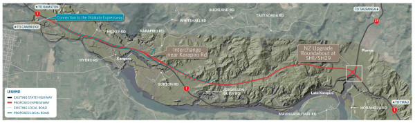 Proposed route map for Cambridge to Piarere Waikato Expressway extension