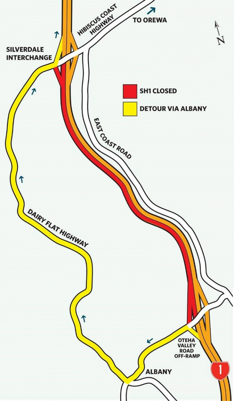 Northern Motorway detour map via Dairy Flat Highway