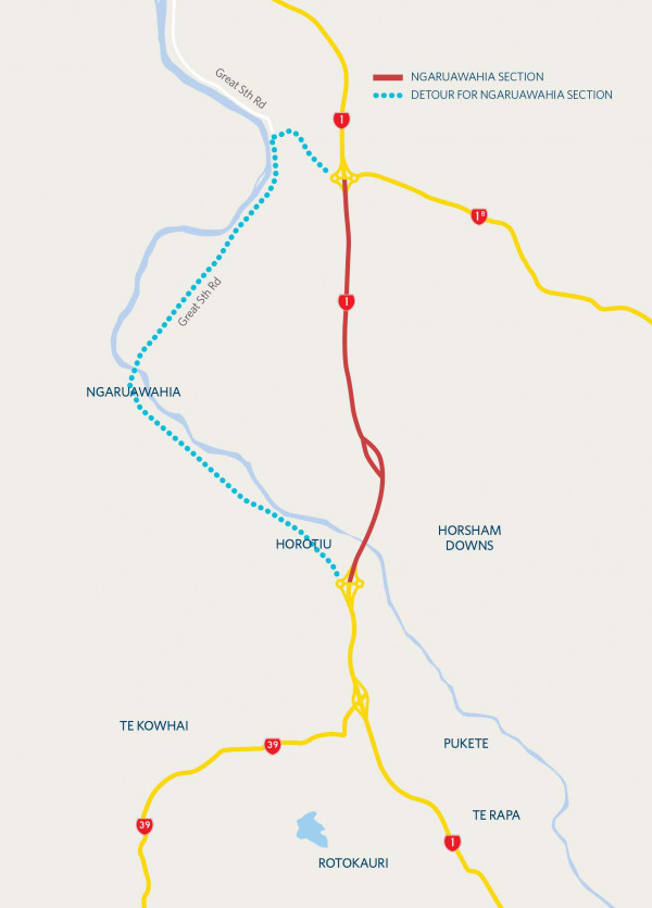 Detour route shown as a dotted blue line via Ngaruawahia township