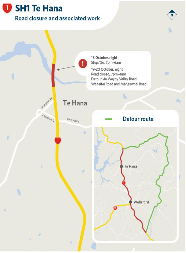 SH1 Te Hana road closure and associated work map