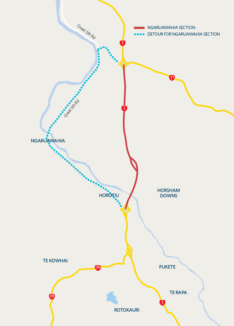 Map showing Detour route for Ngāruawāhia section of the Waikato Expressway