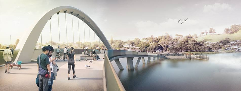 Artists impression of people walking and cycling over the new bridge which has a large arch in the middle.