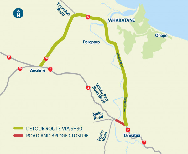 Map showing detour route via SH30 and location of road and bridge closure on SH2