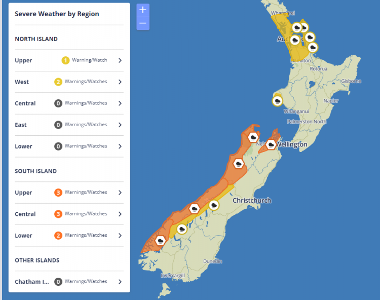 map of new zealand showing severe weather in the south island.