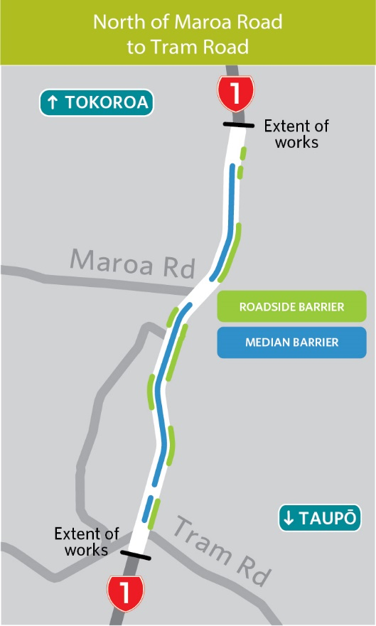 Map showing extent of works (roadside barrier and media barrier) between Tram Road and north of Maroa Road