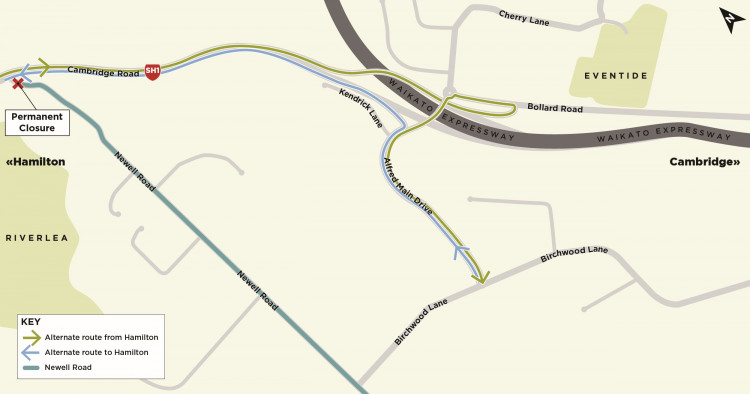 map of the Cambridge road near Waikato expressway