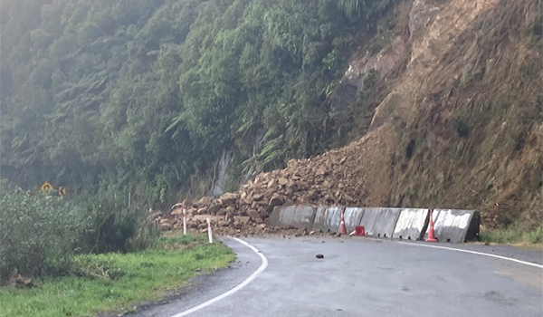 A large slip of rocks, mud and trees fallen over a road.