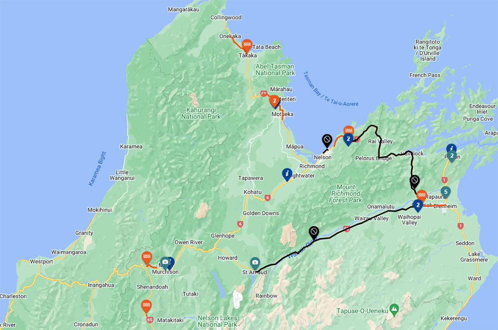Map showing roads that are closed at the top of the South Island