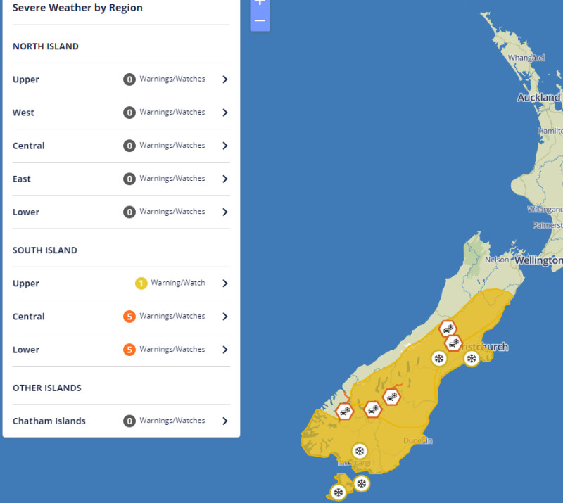 Map of NZ showing locations of severe weather warnings