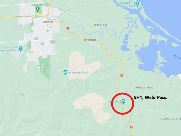Map showing location of closures along SH1 at Weld Pass