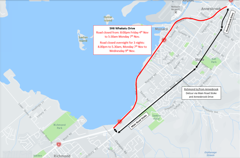 Map showing road closure and detour locations along SH6