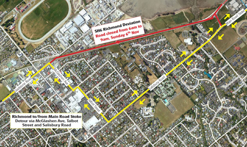Map showing location of closure along SH6 and the detour route