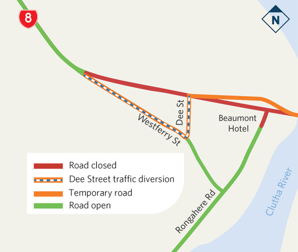 Map showing closed and temporary roads and the traffic diversion route