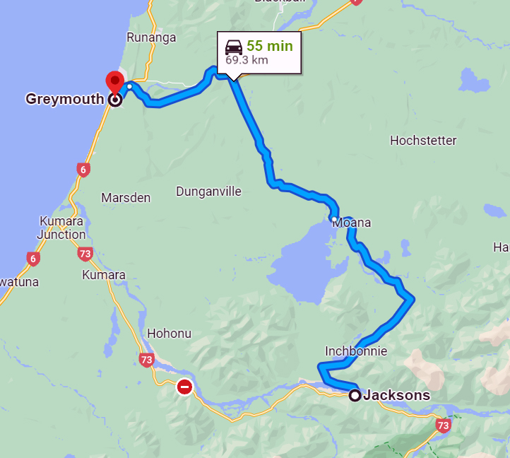 Google map showing detour from Jacksons to Greymouth
