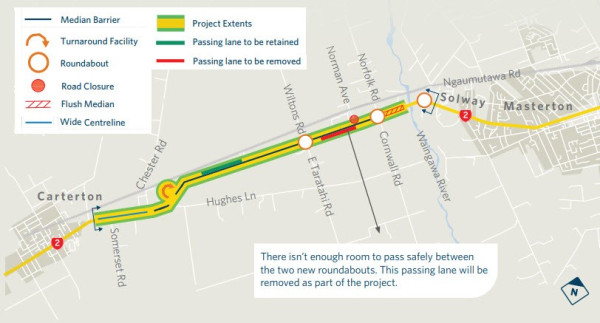 Map showing safety improvements along SH2 between Masterton and Carterton