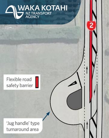 Map showing the flexible road safety barrier in the middle of the road and a jug handle shaped turnaround area on one side