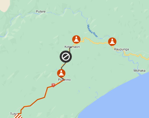 black symbol on map denoting road closure between Putorino to Kotemaori