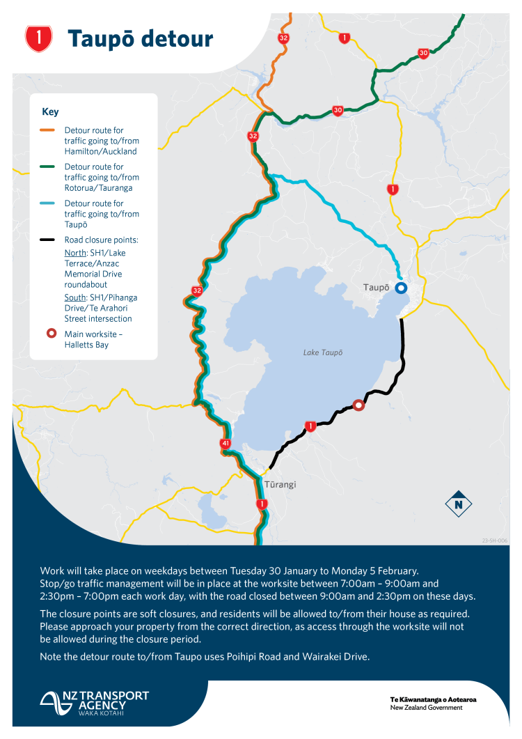 Map marked up with detour routes for Taupo.