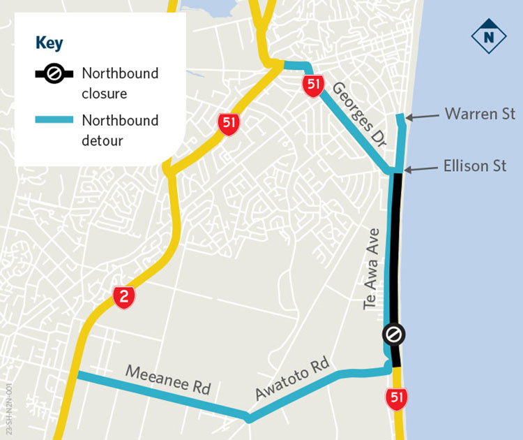 map showing detour route in Napier