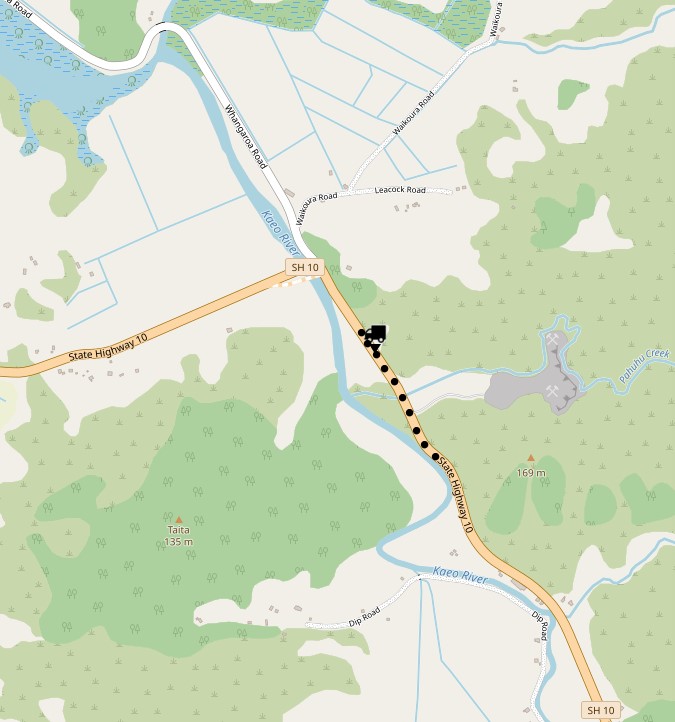 Map marked with black dots where the road works are in Kaeo.