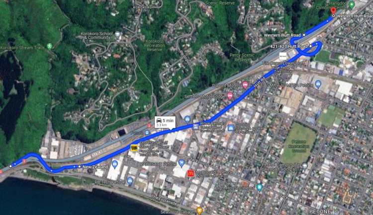 Aerial mapshowing detour route in Petone while part of SH2 is closed.