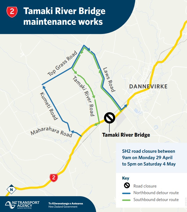 Map with blue and green lines showing road closure and detour