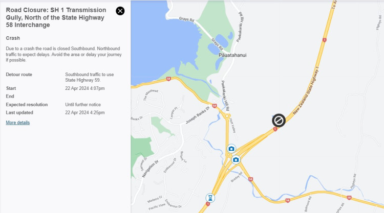 Map with a black icon symbol showing road closure