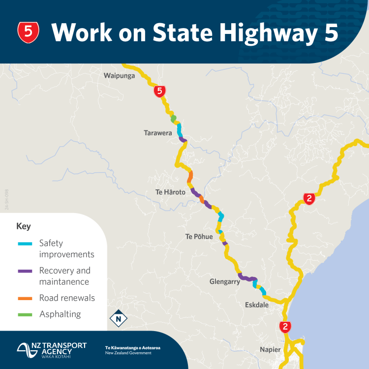 Map showing State Highway 5 Napier-Taupō Road work area