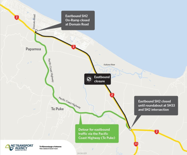Tauranga Eastern Link Toll Road eastbound night closures map