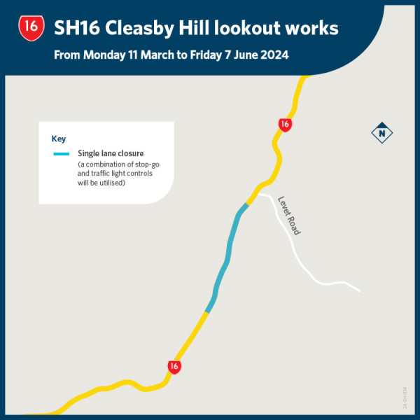 Map showing single lane closure route of highway due to construction.