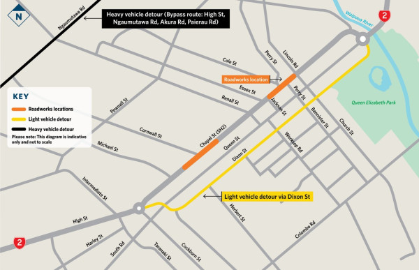 Map showing location of roadworks in orange, detour route for light vehicles in yellow along Dixon Street and for heavy vehicles in black along Ngaumutawa Road.