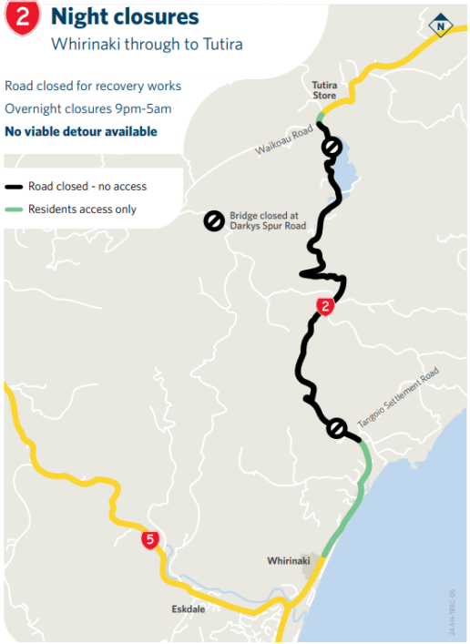  Overnight closures planned for mid July on SH2, between Whirinaki and Tutira
