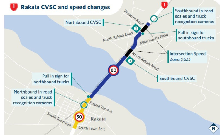 Map showing spped change to 80 km per hour in Rakaia