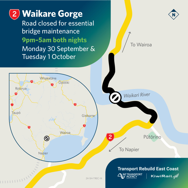 Map showing closed road at Waikare Gorge and there no detour available.