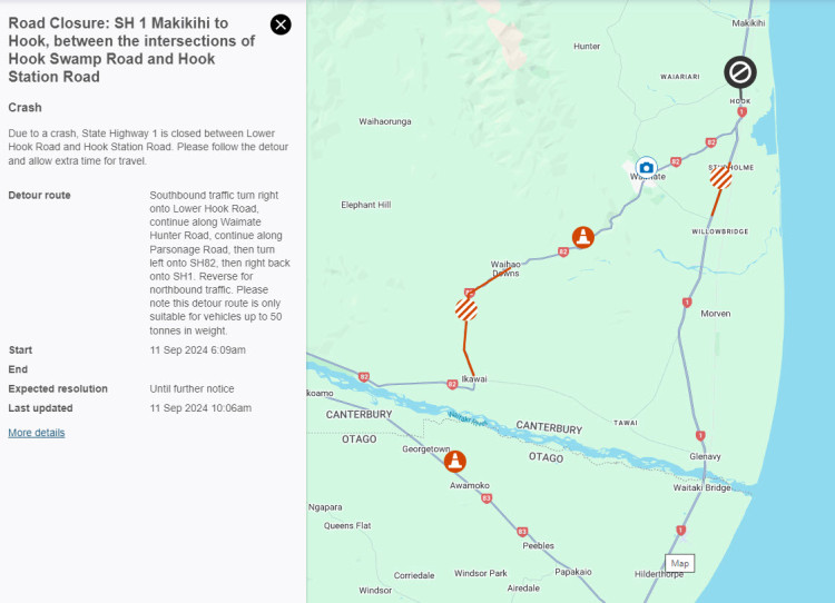 Map showing road closure and road works in Canterbury region