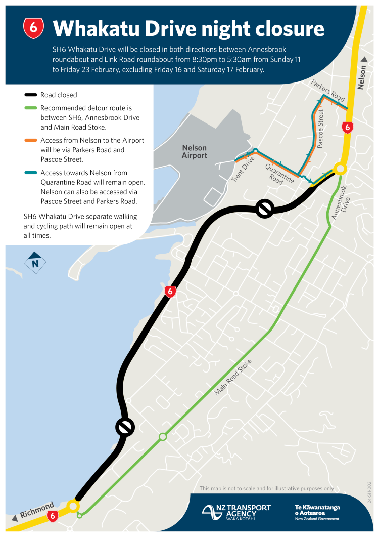 map showing closure and detour of state highway whakatu drive