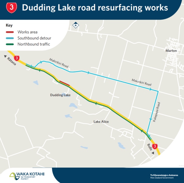 Map of works area and southbound detour