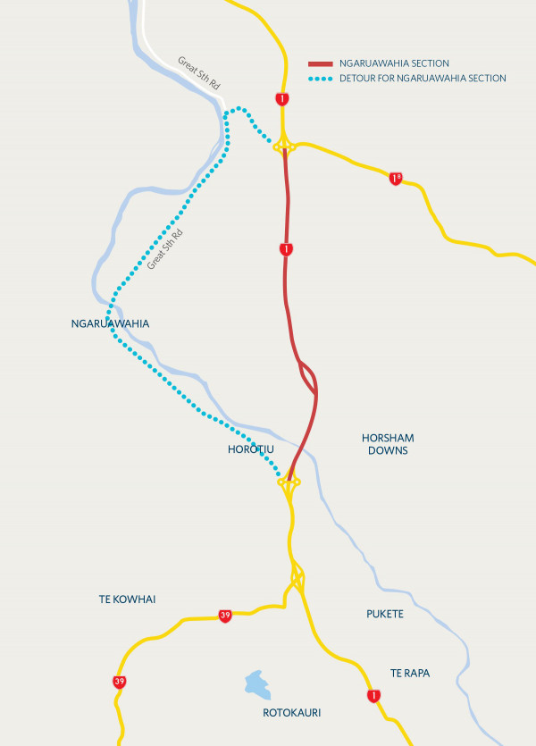 Detour route shown as a blue dotted line on map via Ngaruawahia