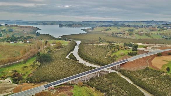 Aerial view of the new bridge at Matakohe