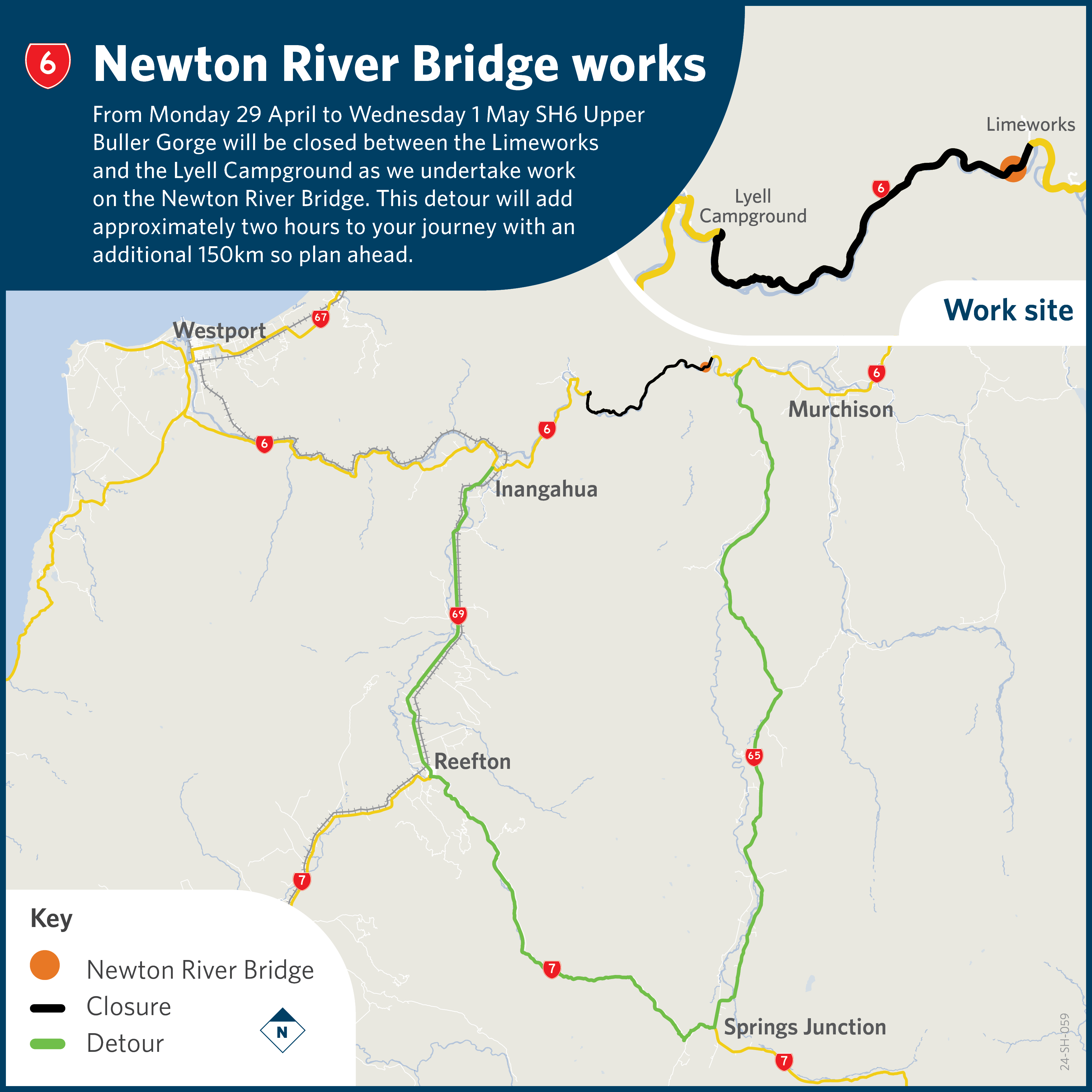 From Monday 29 April to Wednesday 1 May SH6 Upper Buller Gorge will be closed between the Limeworks and the Lyell Campground as we undertake work on the Newton River Bridge. This detour will add approximately two hours to your journey with an additional 1