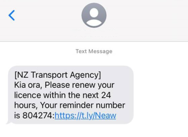 [NZ Transport Agency] Kia ora, Please renew your licence within the next 24 hours, Your reminder number is 804274: fake link.