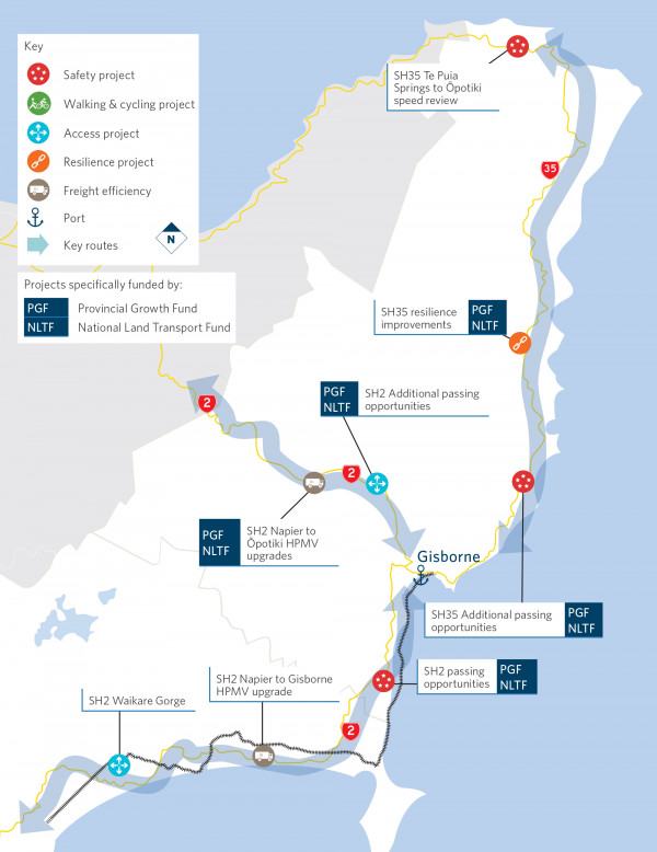 Map showling locations of Tairāwhiti | Gisborne projects funded by the 2021–24 NLTP