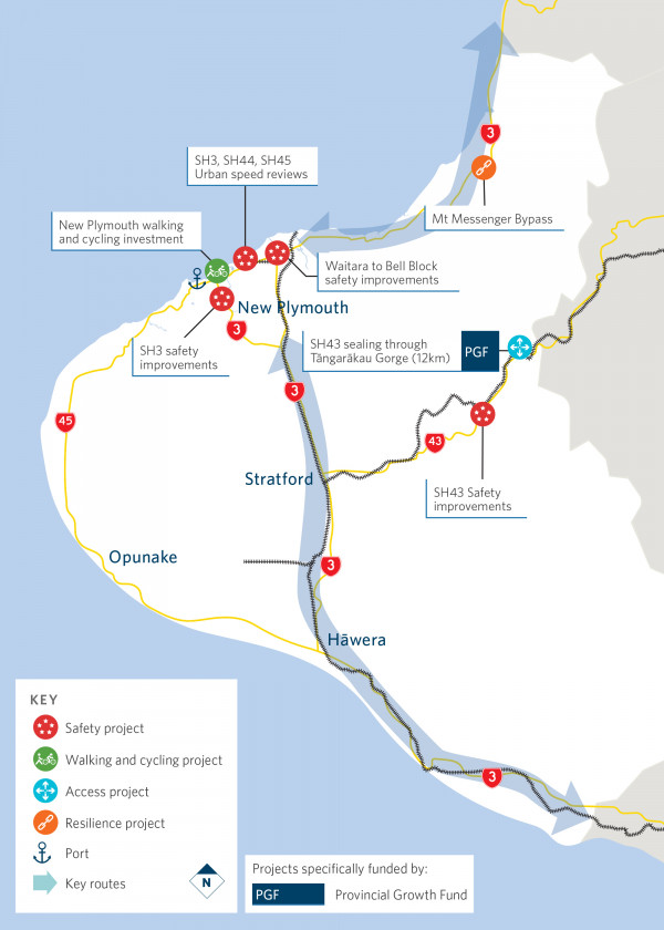 Map showling locations of Taranaki projects funded by the 2021–24 NLTP