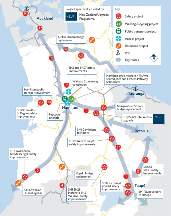 Map showling locations of Waikato projects funded by the 2021–24 NLTP