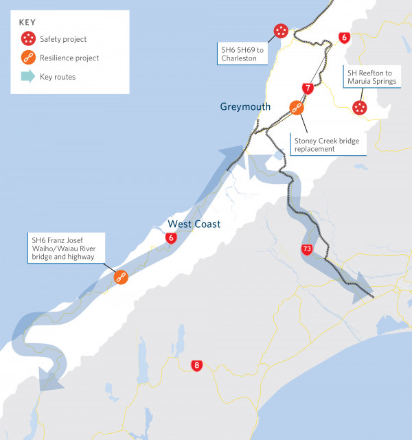 Map showling locations of Te Tai o Poutini | West Coast projects funded by the 2021–24 NLTP